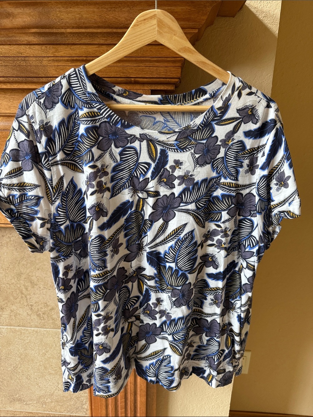 LOFT White Short Sleeve Tee with Blue Floral & Navy Leaf Print